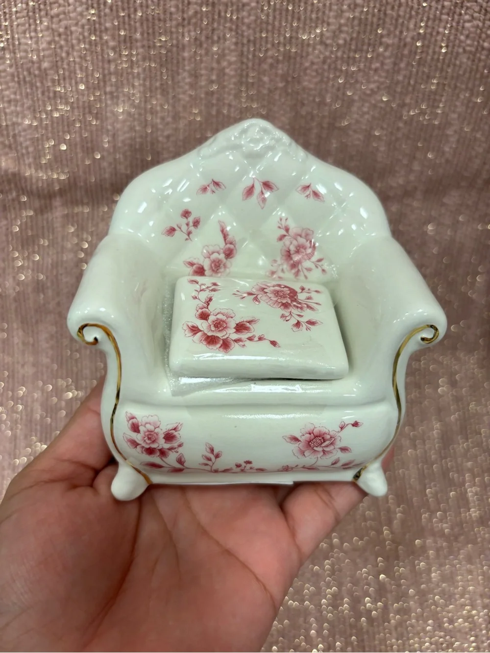 Porcelain Floral Miniature Armchair Trinket Dish - Pink Rose Motif
